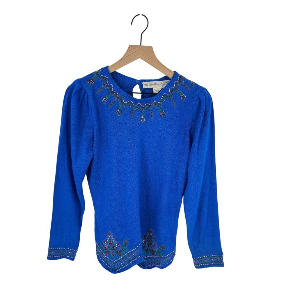CLEARANCE Vintage Beaded Sweater Blue Embroidered Long‎ Sleeve Size S Small